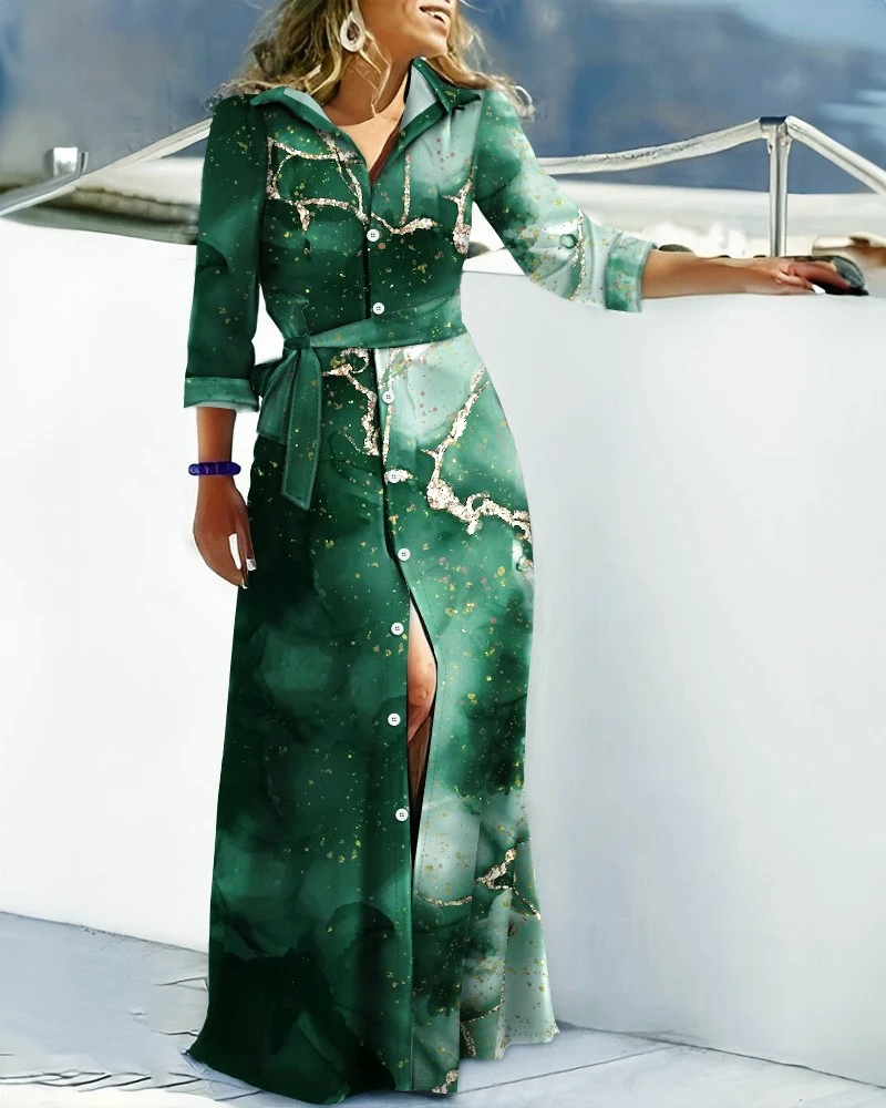 Women Shirt Collar Striped Print Maxi Dress 3/4 Sleeve Button Front Self Tie Waist Split Hem Vacation Dress