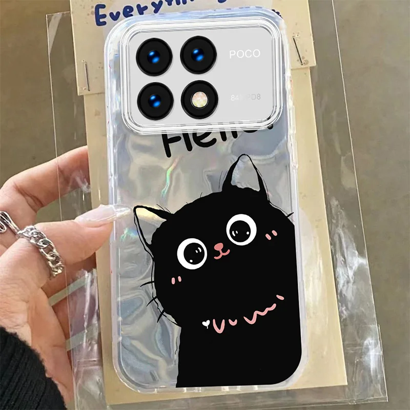 Black Cat Cartoon Flower Case For POCO X6 X5 Pro M6 M5S 4G 5G Colorful Cute Sweet Love Heart PC Phone Cases Cover