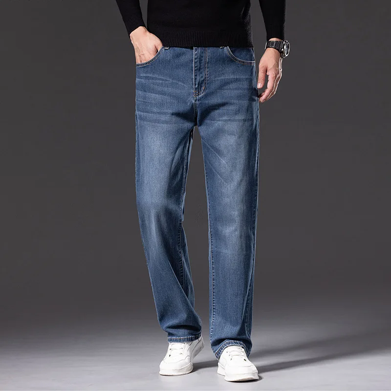 

Loose Straight Leg Casual Thiened Men's Jeans Clean Fit Collar PU Leather 3D Effect Spring Autumn Busin Casual