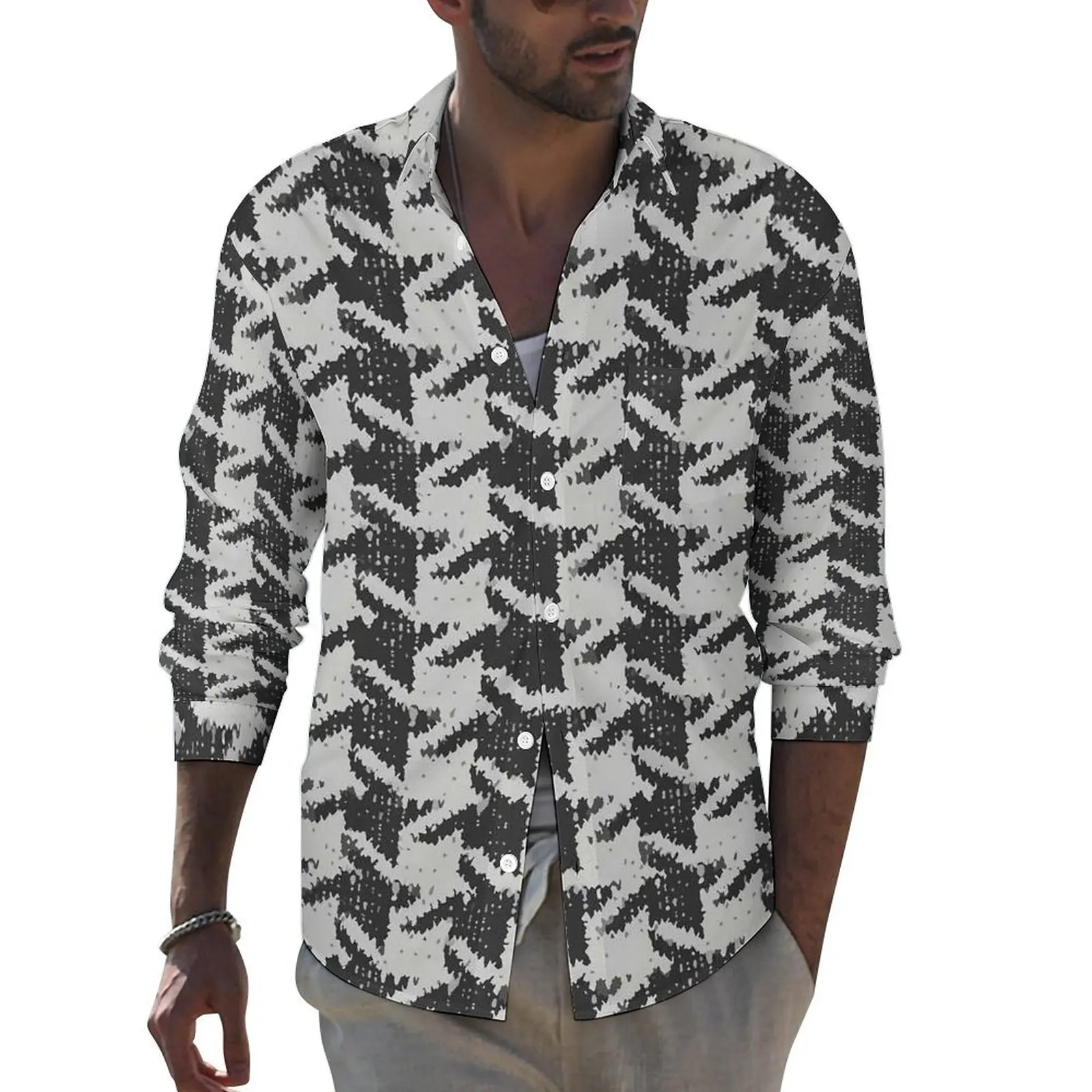 Houndstooth Shirt Spring Geometric Print Casual Shirts Male Vintage Blouses Long Sleeve Graphic Y2K Clothes Big Size 3XL 4XL