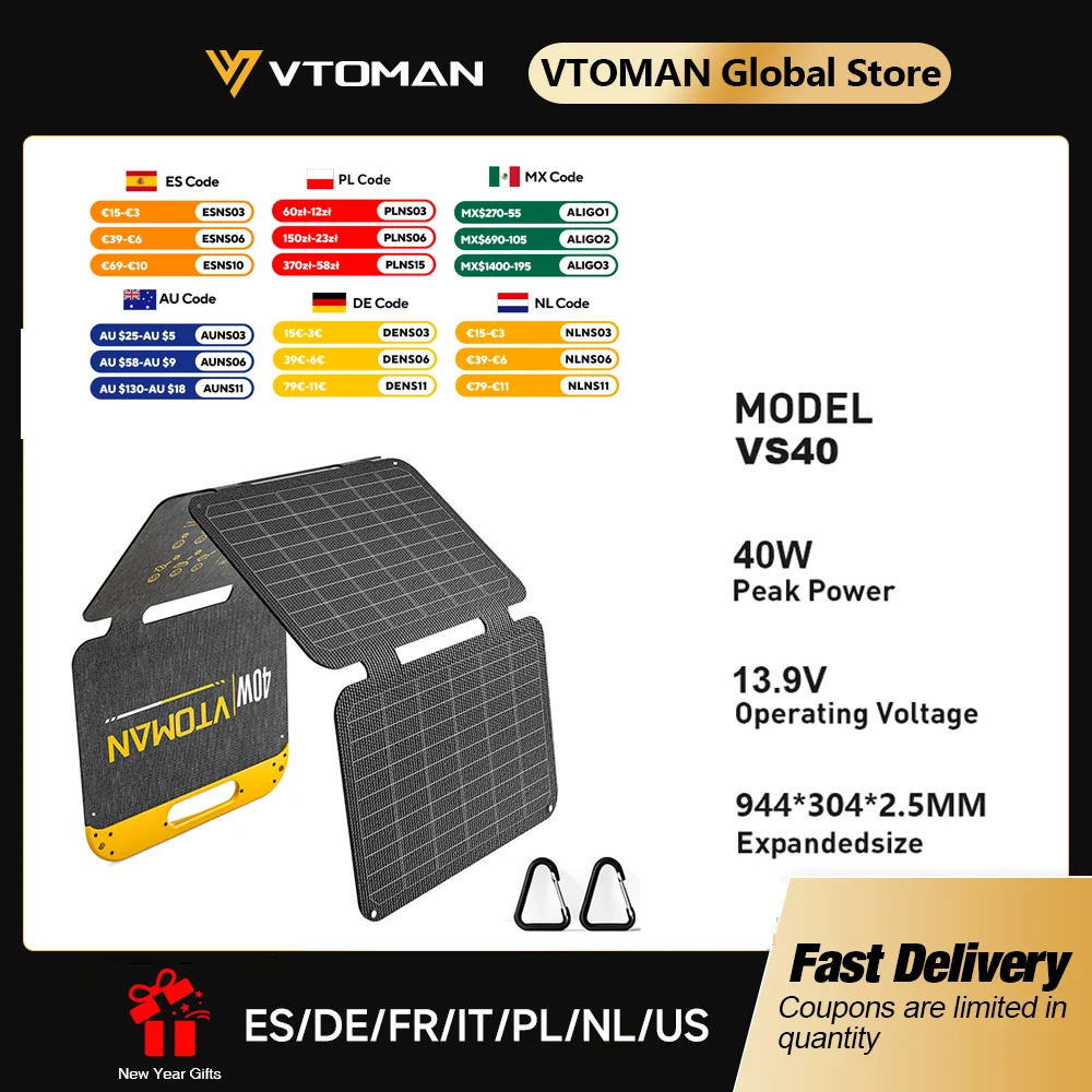 VTOMAN Faltbares 40W Solarpanel, Tragbares Kleines Wasserdichtes Solarladegerät mit USB-C und USB-A Ausgängen für Handy, Tablet, Jump 100/FlashSpeed300 - Für Camping, Reisen und Wandern