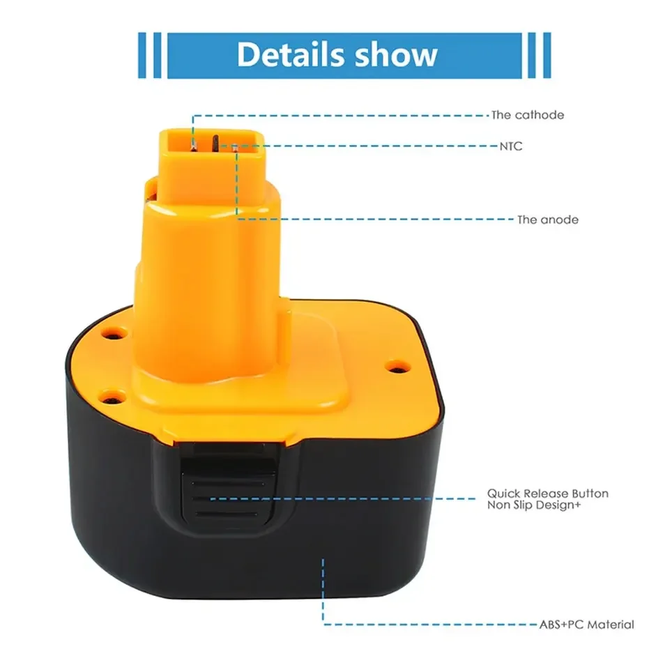 12V 4.8Ah 6.8Ah 9.8Ah Ni-MH battery for DeWalt tools DE9074 DC9071 DE9037 DE9071 DE9075 DW9071 DW9072 DC727 DC756 DC980 DC981