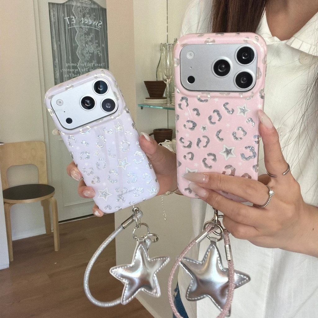 Korean Style Stars Leopard Print Glossy With Pendant Lanyard Shockproof Protective Phone Cover Case for iPhone 17 16 15 Pro Max view 3