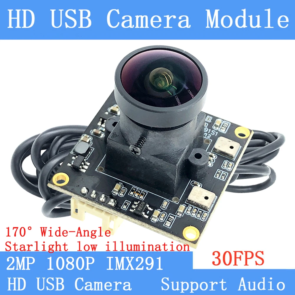 HD 1080P Webcam IMX291 Star Level Surveillance 170° Wide Angle 30FPS Linux UVC 2MP USB Camera Module for Microphone Windows