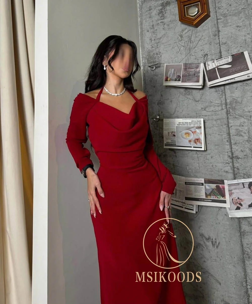 Msikoods エレガントなレッドフォーマルガウン長袖ウエディングドレスオフショルダーホルターネックパーティードレスイブニングドレス女性用カスタマイズ