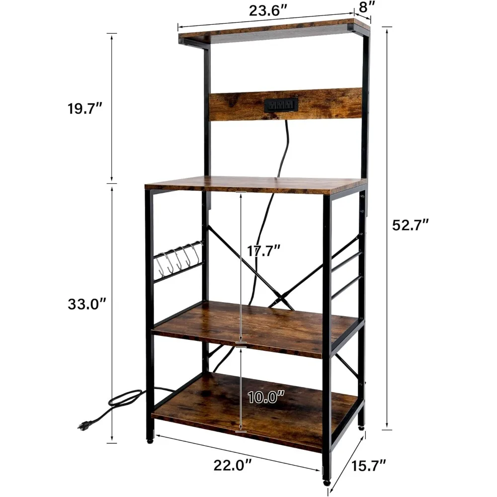 3-Tier Kitchen Storage Shelf with Power Outlet, S-Shaped Hooks, Microwave Stand, Coffee Station Utility