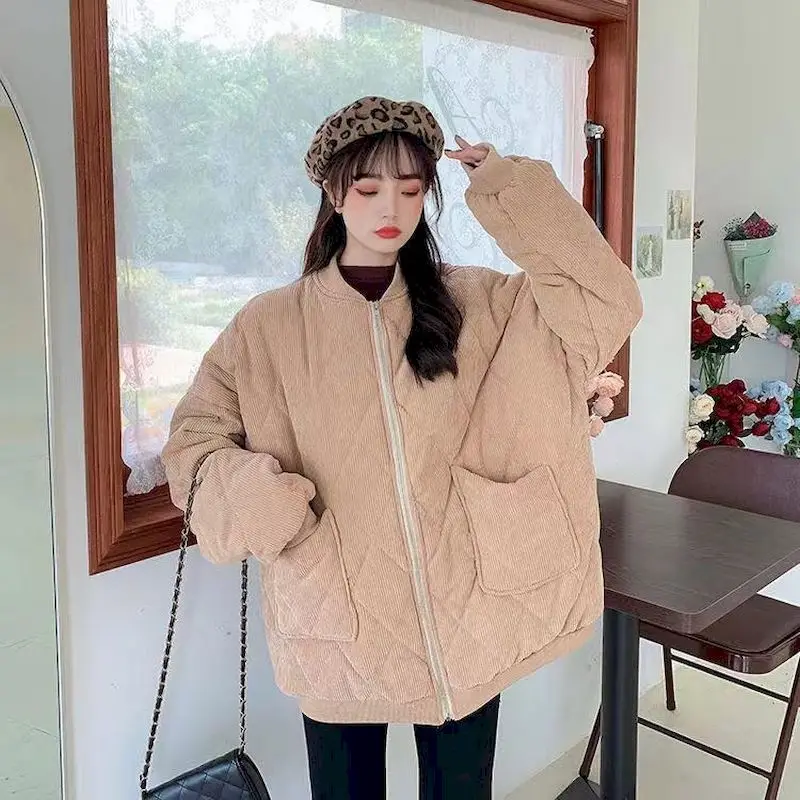 

New 2021 Autumn Winter Female Overcoat Women Thick Jackets V-neck Puffer Corduroy Parkas High-Quality Warm Vintage Wild Coats