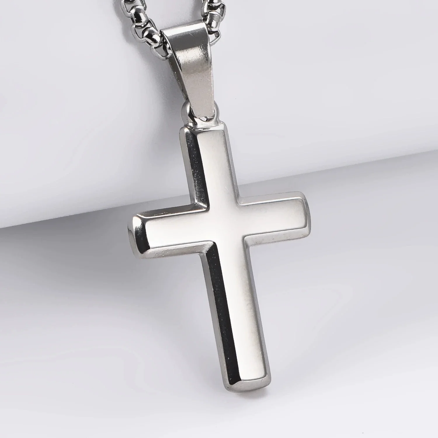 Recessed Grooved Cross Pendant Necklace Stainless Steel Box Chain Waterproof Christian Jewelry Gift for Men Unisex Wholesale