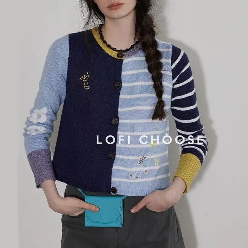 

Осень-зима, новые винтажные лоскутные однобортные свитера, женская мода, тонкий вязаный кардиган с круглым вырезом и вышивкой из мультфильмов