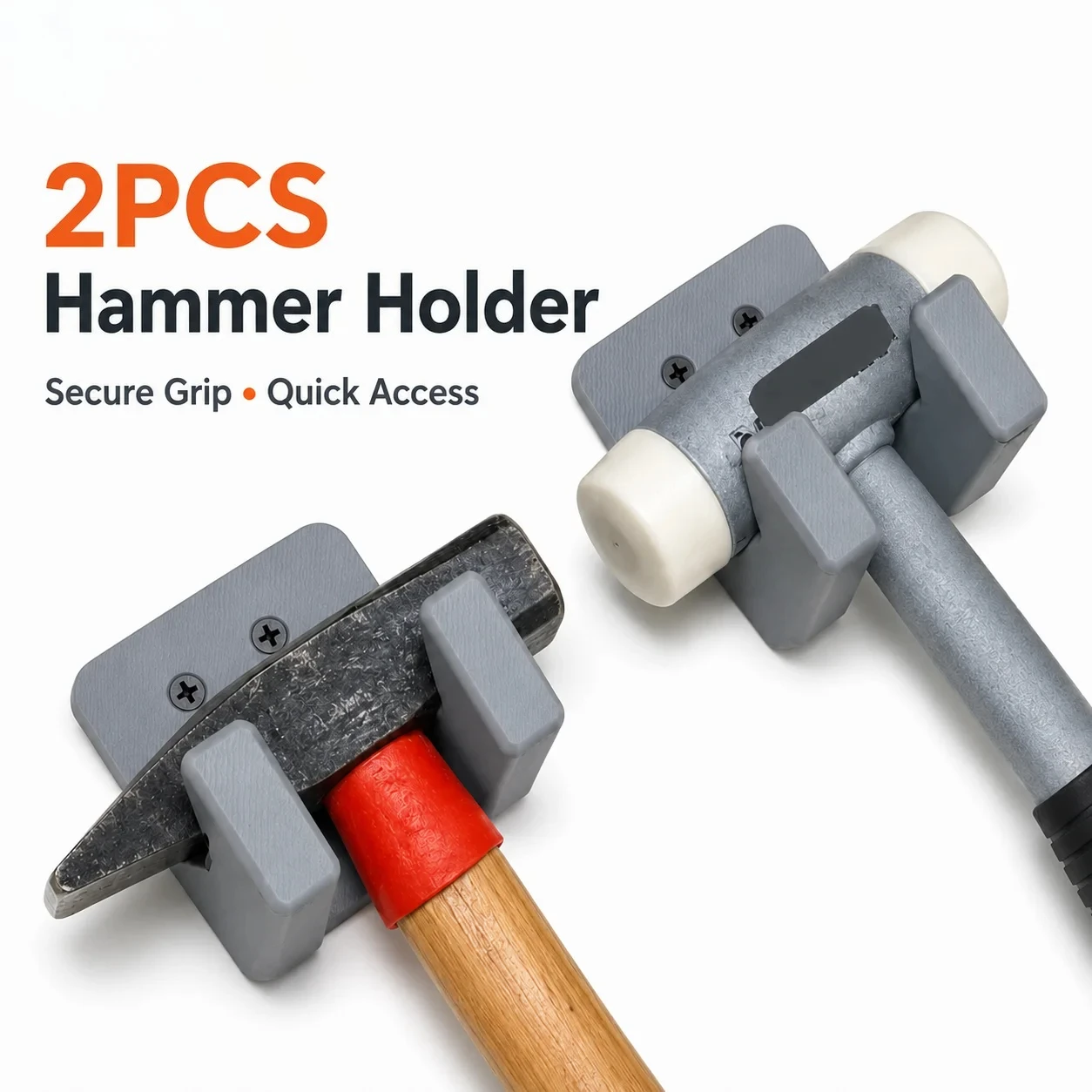 2PCS Wall Mounted Hammer Holder, Heavy Duty Tool Storage Hook, Secure Grip Hammer Rack for Garage Workshop