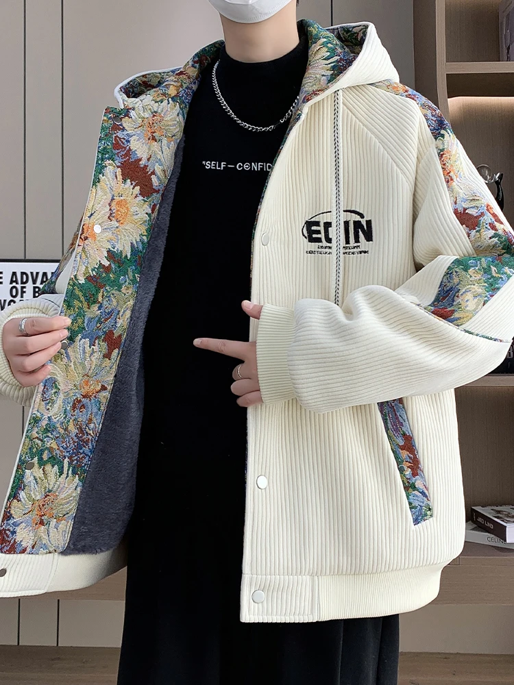 

New Chinese Sle Hooded Jaet Men's Autumn Winter Thiened Fce Lined Corduroy Jaet Loose And Sli Topwear
