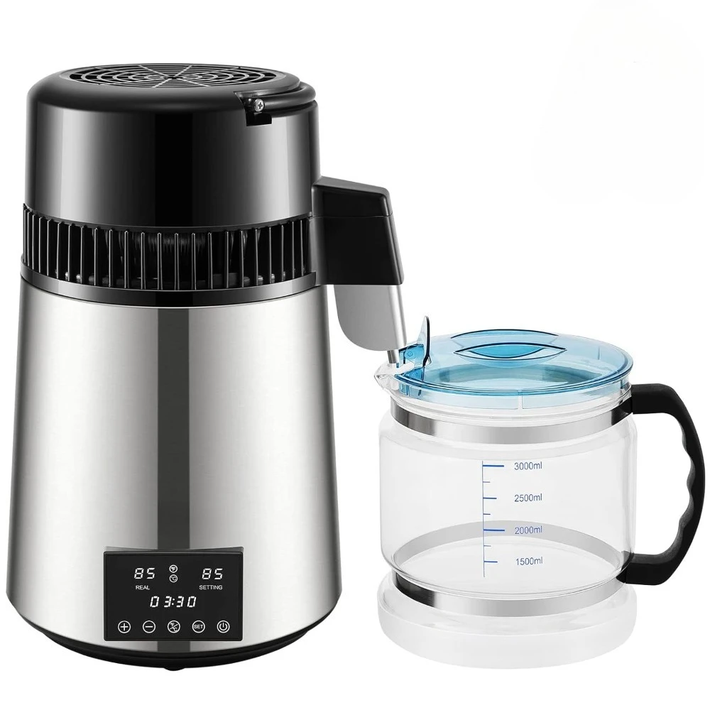 

Water Distiller, 304 Stainless Steel Countertop Water Stiller, 0.3Gal/H, 0-99H Timing Dual Temp Display,3 Carbon Bags - NEW