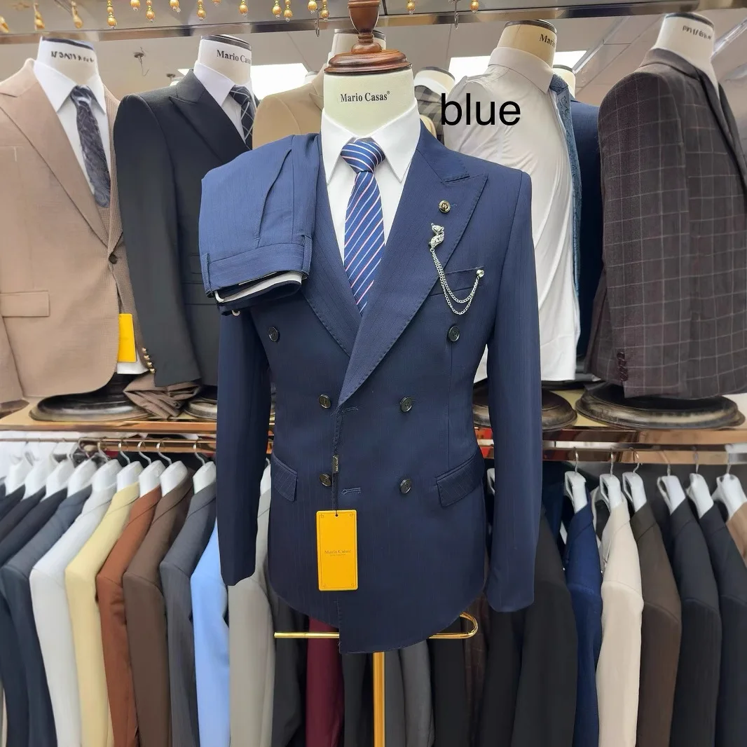 Classic Striped Men's Suit Set for Wedding Dress Formal Double Breasted Breasted Jacket Pants for Business Men Groomsmen