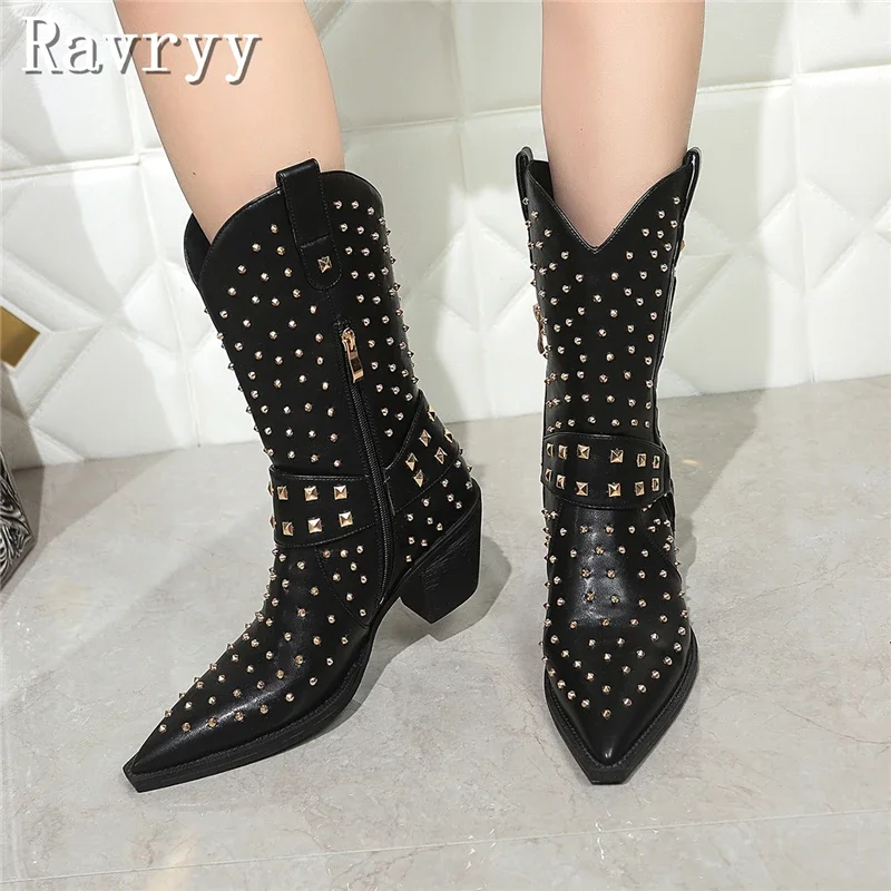 

Black Pointed Toe Hick Heel Mid Calf Boots Women New Fashion Golden Rivets Side Zipper Chelsea Boots Winter Warm Shoes