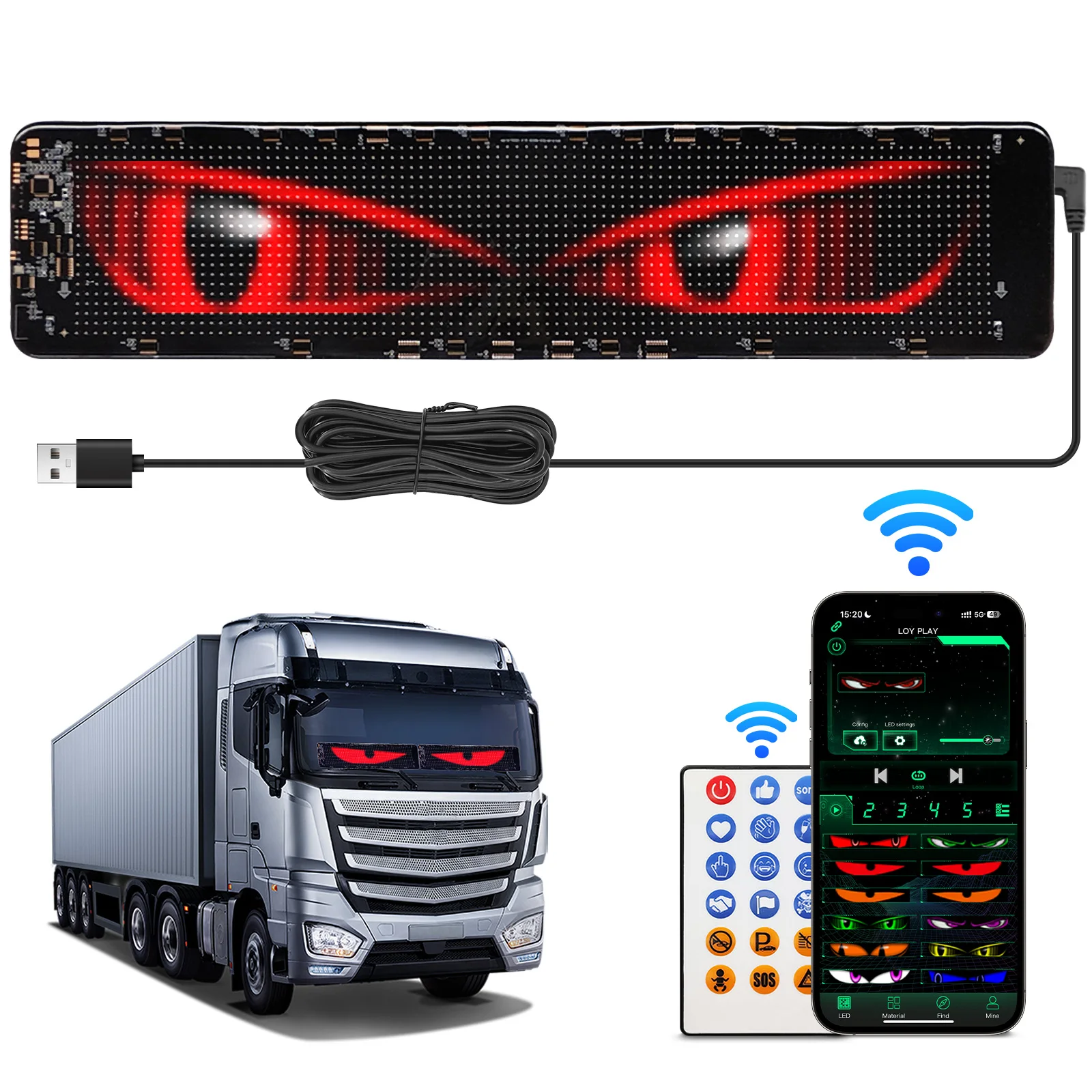 Devil's Eye Truck Car Windshield LED Decoration Light USB Plug-in DIY App Control Flexible Scrolling Text Animation Display