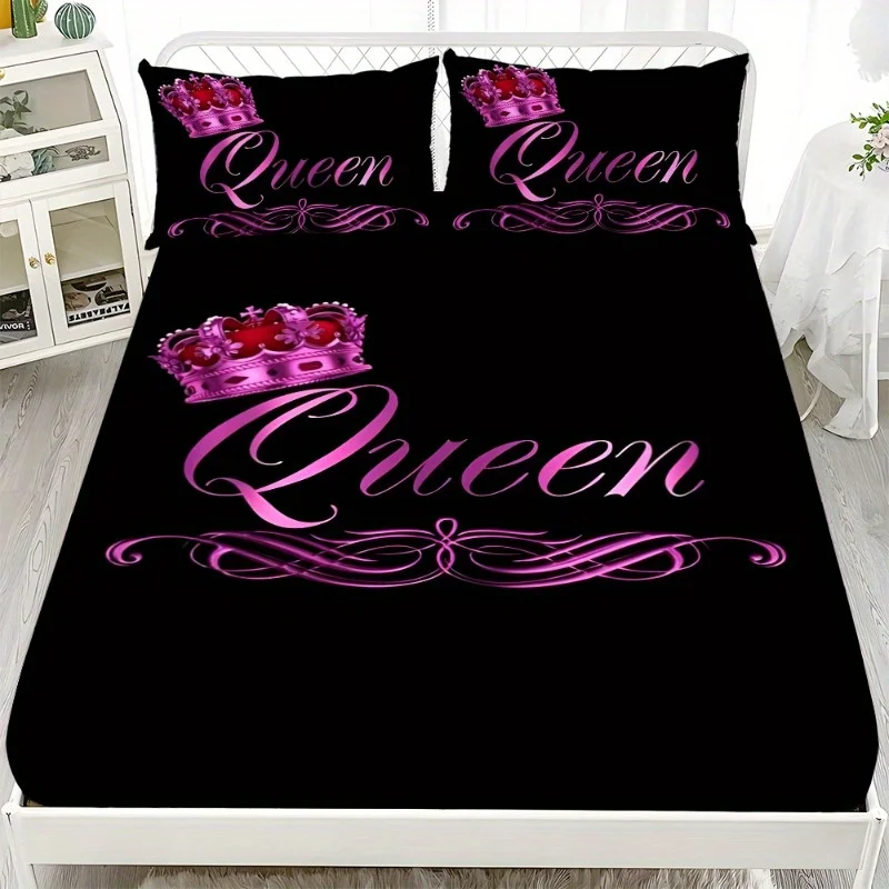 1pc Fitted Sheet Set Black Pink Queen Crown 3D Print 100% Polyester Cover Breathable Bedding Set Home Decor without Pillowcases