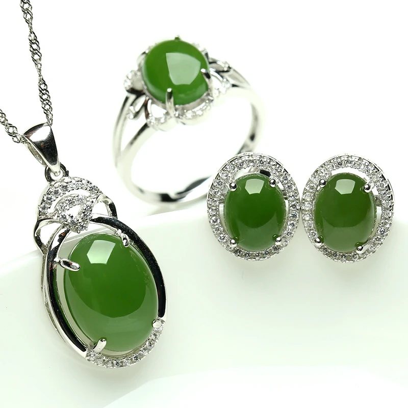 

Three-Piece with Inlaid Gemstones Women: Hotan Jade Ring, Pendant, and Earrings Set