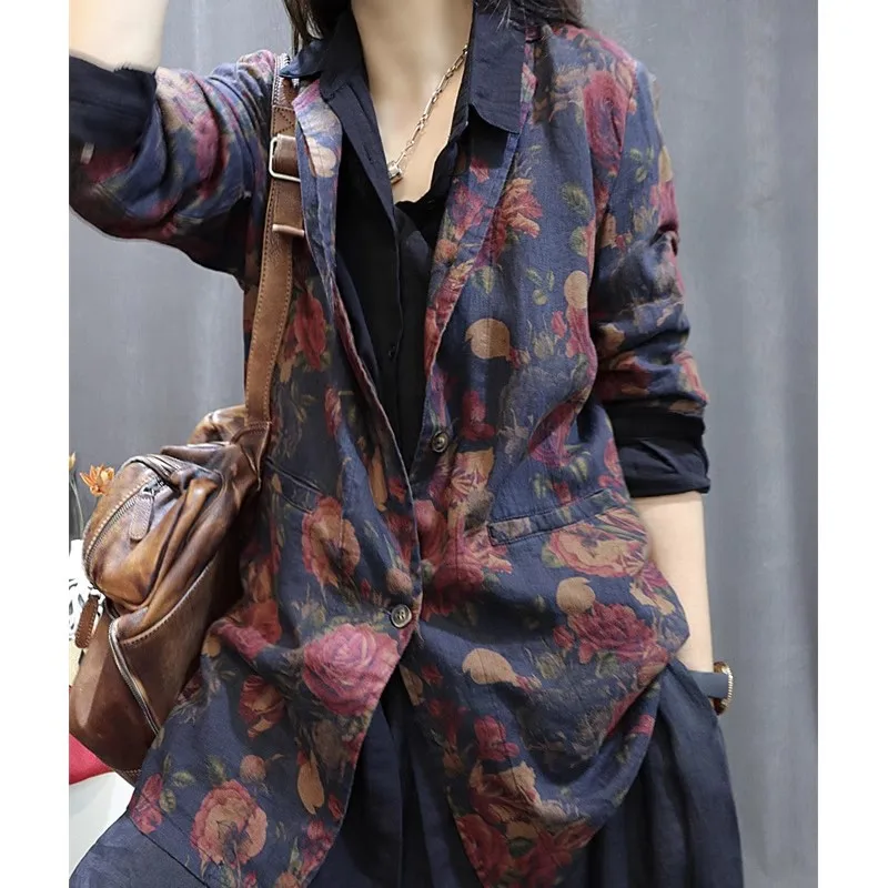 High-End Women's Cotton Linen Print Retro Loose Casual Stylish Long Sleeve Suit Jacket Versatile Commute Fashion Plant Floral