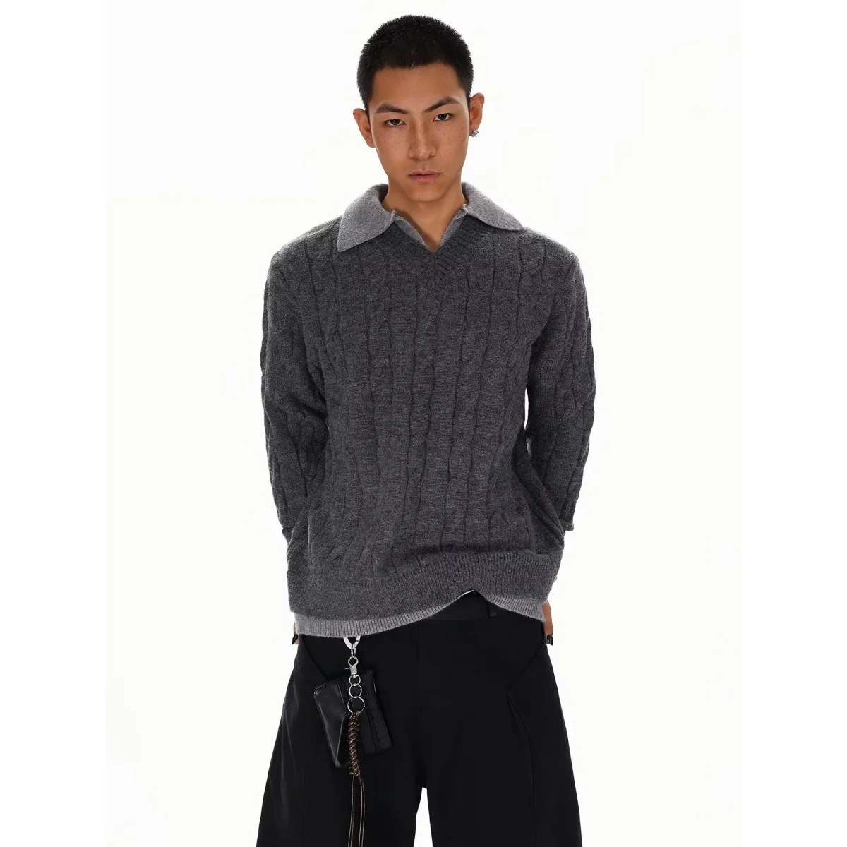 

ay Vintage Twisted Fake Two-Piece Sweater Men's High-End Casual Loose Lazy Sle Collar Knitted irt Inner Wear