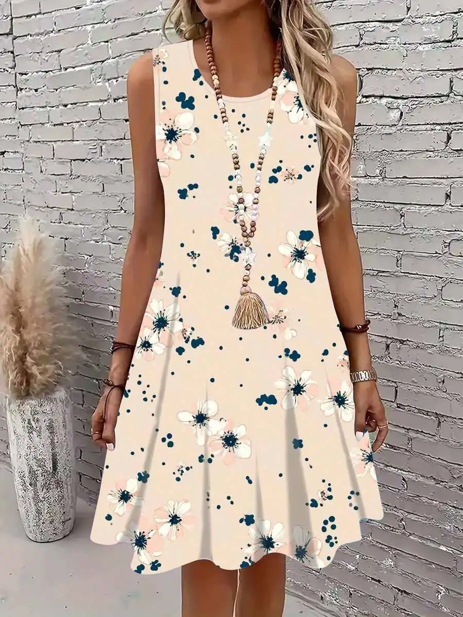 

Floral Print Sleeveless A-Line Dress With Round Neck For Casual Wear