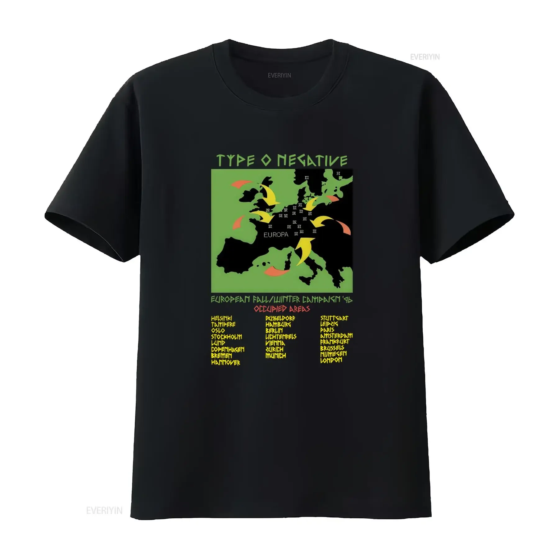 Camiseta de la gira musical Type O Negative European Fall Winter Campaign 96 para fans, todas las tallas, estilo vintage, lavada, elástica, informal