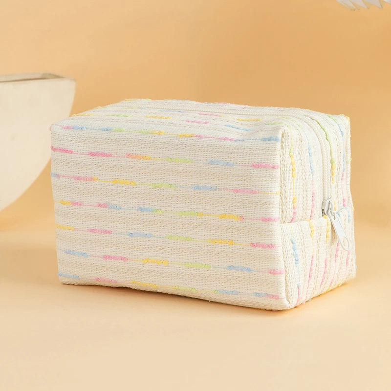 5pcs Makeup Bags Women Polyester Colorful Striped Large Capacity Solid Pencil Bag