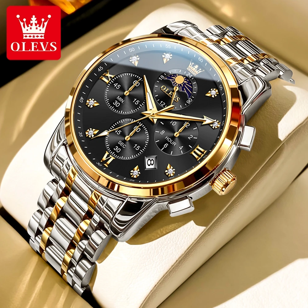 エクセルシオール【希少 18K 金メッキ】 ムーンフェイズ クロノグラフ メンズ OLEVS ムーンフェイズ クロノグラフ ゴールド ステンレス時計