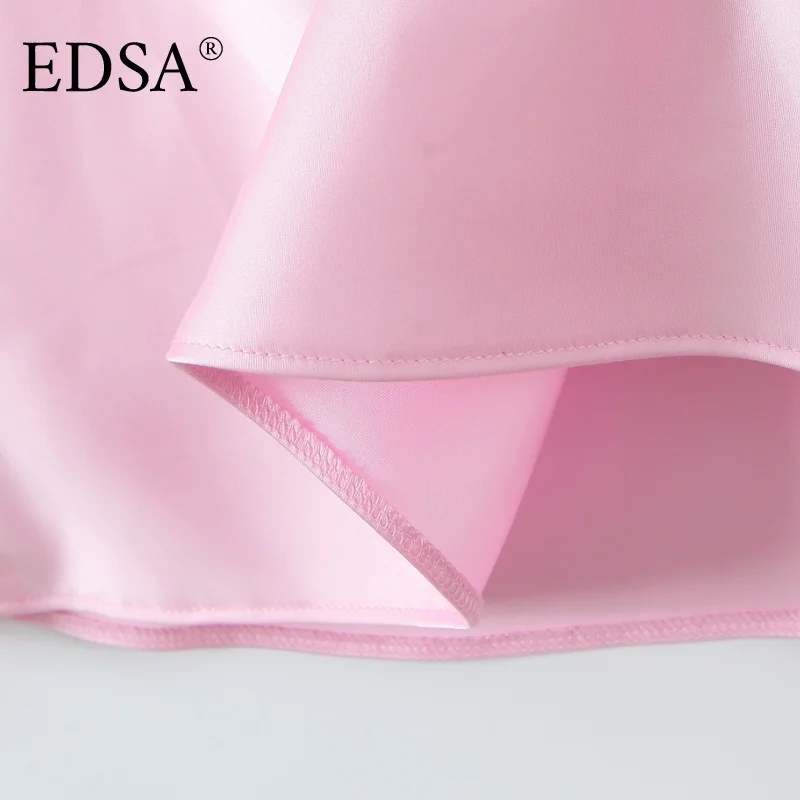 فستان EDSA نسائي متوسط الطول من الساتان الوردي مع أشرطة رسن رفيعة ورقبة على شكل حرف V وخصر عالٍ بدون ظهر للصيف للحفلات الطويلة