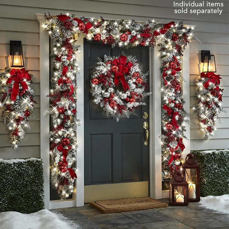 Christmas Wreath for Front Door Christmas Door Wreath Red Ball Ornaments With LED Indoor Outdoor Christmas Decorat