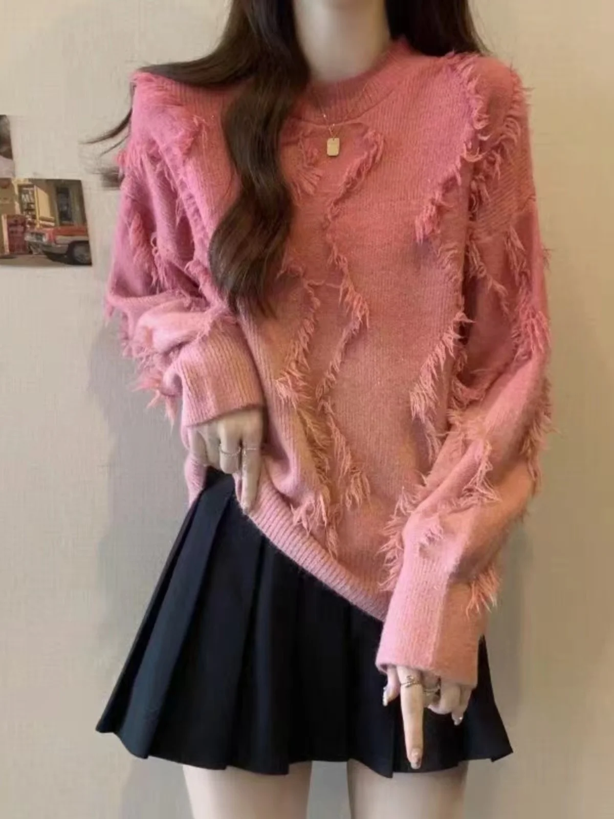 

American Retro Gradient Color Sweater Women's Autumn Winter Large Size Fat MM Design Tassel Long Sleeve Knitted Top