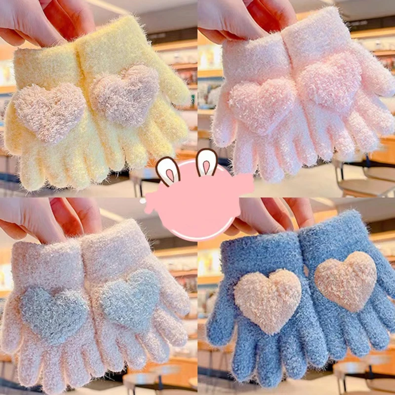 Kids Short Gloves Autumn And winter Children's Warm Plush Gloves Thickened Five Finger Gloves Anti Cold Heart Full Finger Gloves