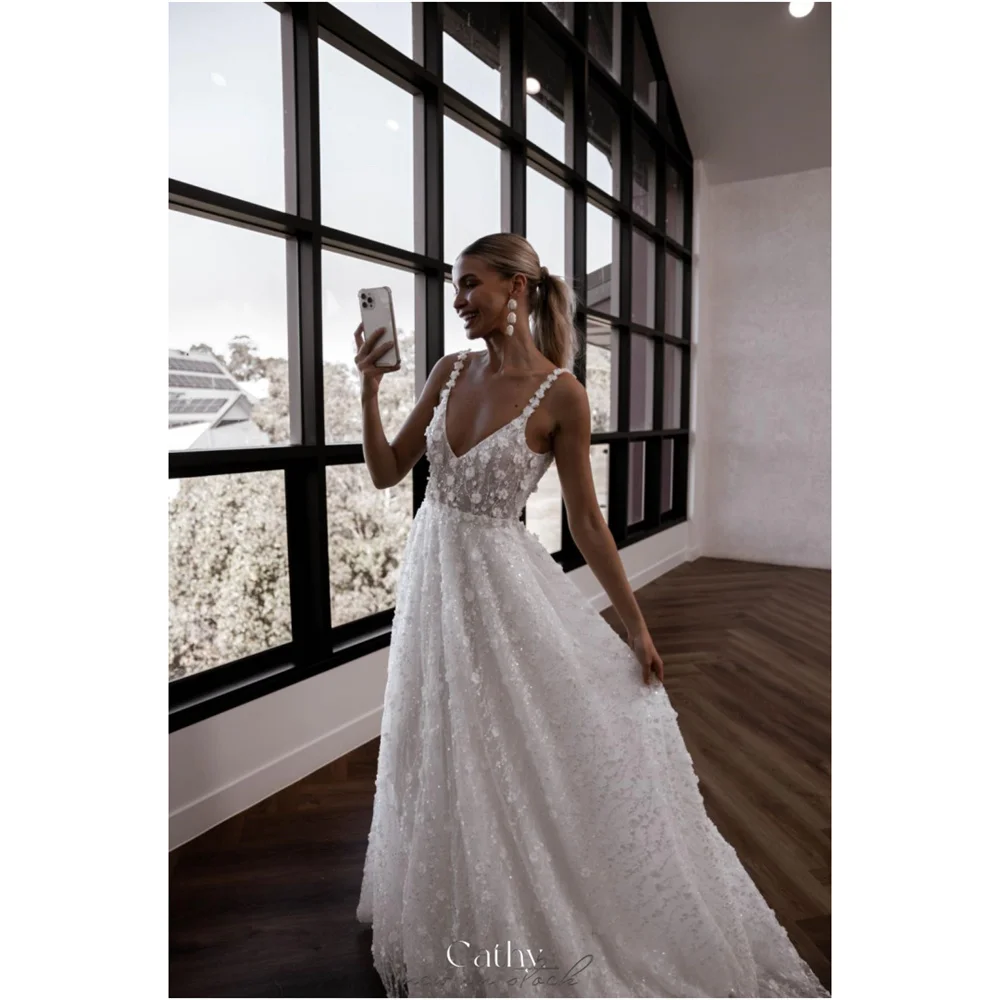 Cathy White A-line Lace فساتين سهرة Floral Spaghetti Strap vestidos de noiva Floor-Length Appliques vestidos de novia boda 2024