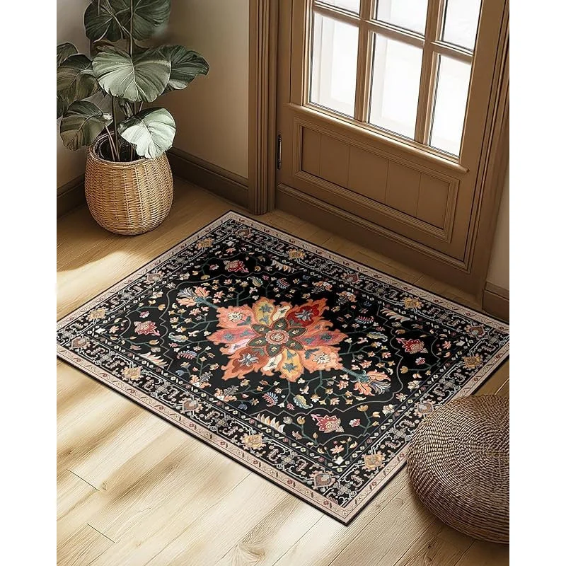 VIKAMA Retro Persian Flower Living Room Carpet, Non Slip Washable Floor Mat, Bohemian Retro Home Decoration