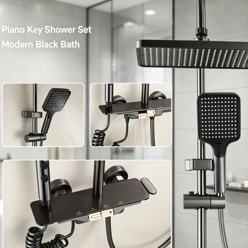 Matte Piano Key Shower Set Thermostatic Mixer Tap Rainfall Head Handheld Sprayer Bathroom Faucet High Pressure Valve
