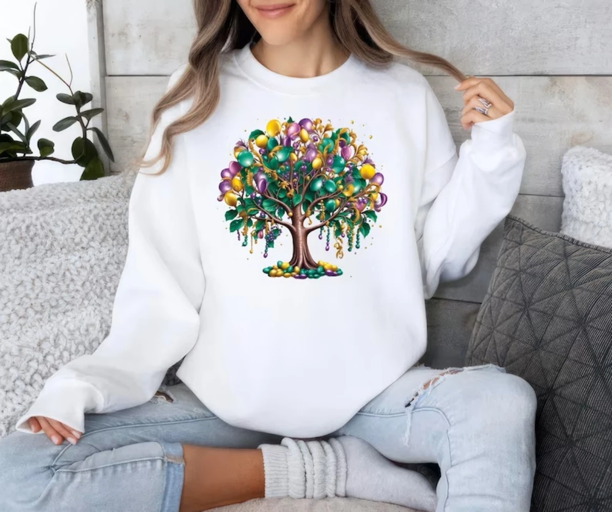 Coquette Mardi Gras Tree Sweatshirt Cute Retro Bead Tree Unisex Pullover Top Louisiana Carnival New Orleans Fat Tuesday Shirt