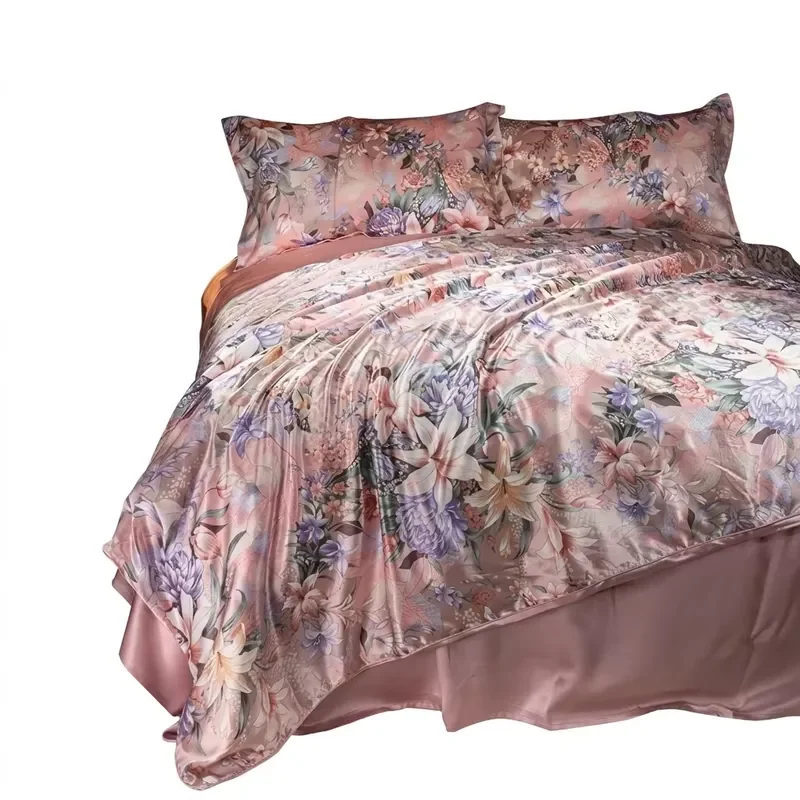 Double-Sided Mulberry Silk Bedding Set Floral Printed Four-Piece Sheet Set Silky Soft Duvet Cover Home Hotel Use