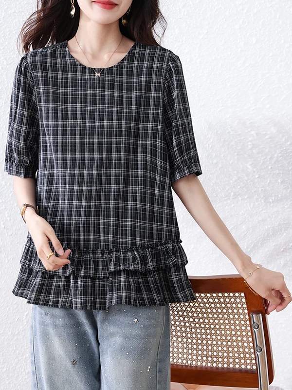 2023 sommer Neue Plaid ort Sve runde Ne Casual Dünne frauen irt Koreanische Sle Lose Fit Regelmäßige Länge Pendeln Sle