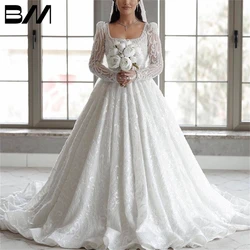 Embroidered Ballgown Wedding Dress Vintage Square Collar Long Illusion Sleeves Bride Dresses Arabic Bridal Gown Vestido De Novia