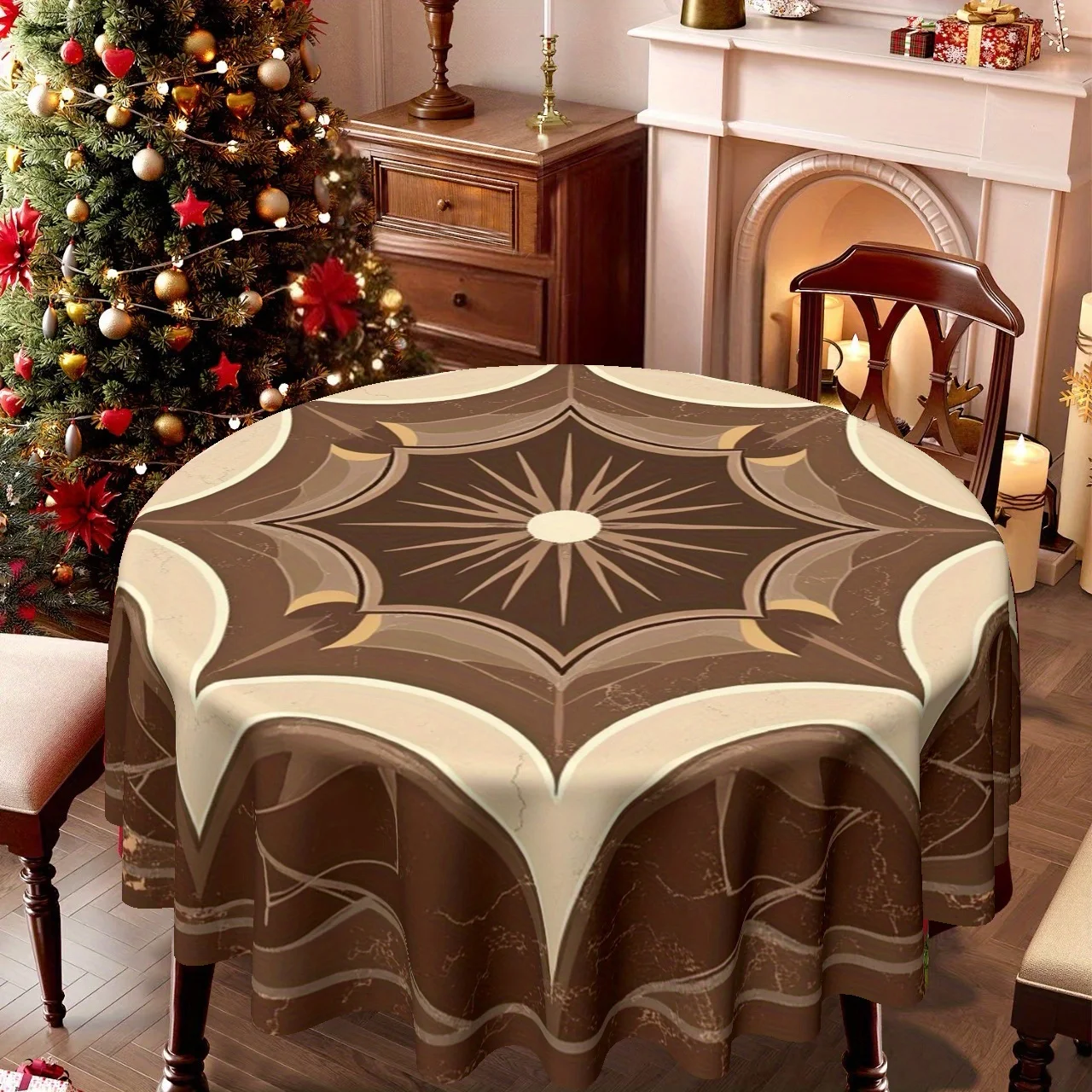 One tablecloth, with a Christmas theme, in a country style, in a round shape, decorated with geometric star patternszyc