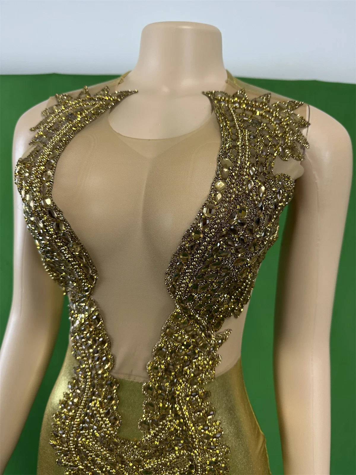 Gold Sleeveless Women Birthday Night Party Short Dress Sexy Sparkly Rhinestone Dresses Play Celebrate Evening Drag Costume