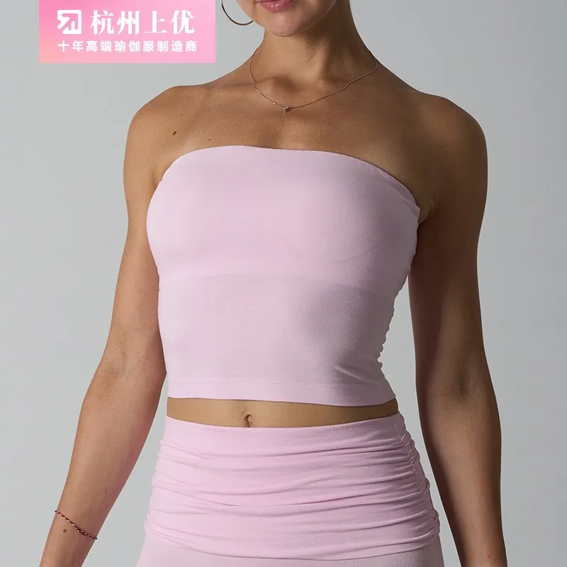 Women's Padded Cotton Backless Tube Top Solid Color Bodycon Slim Fit Short Length Waist Cinching Sleeveless Wearable Outside