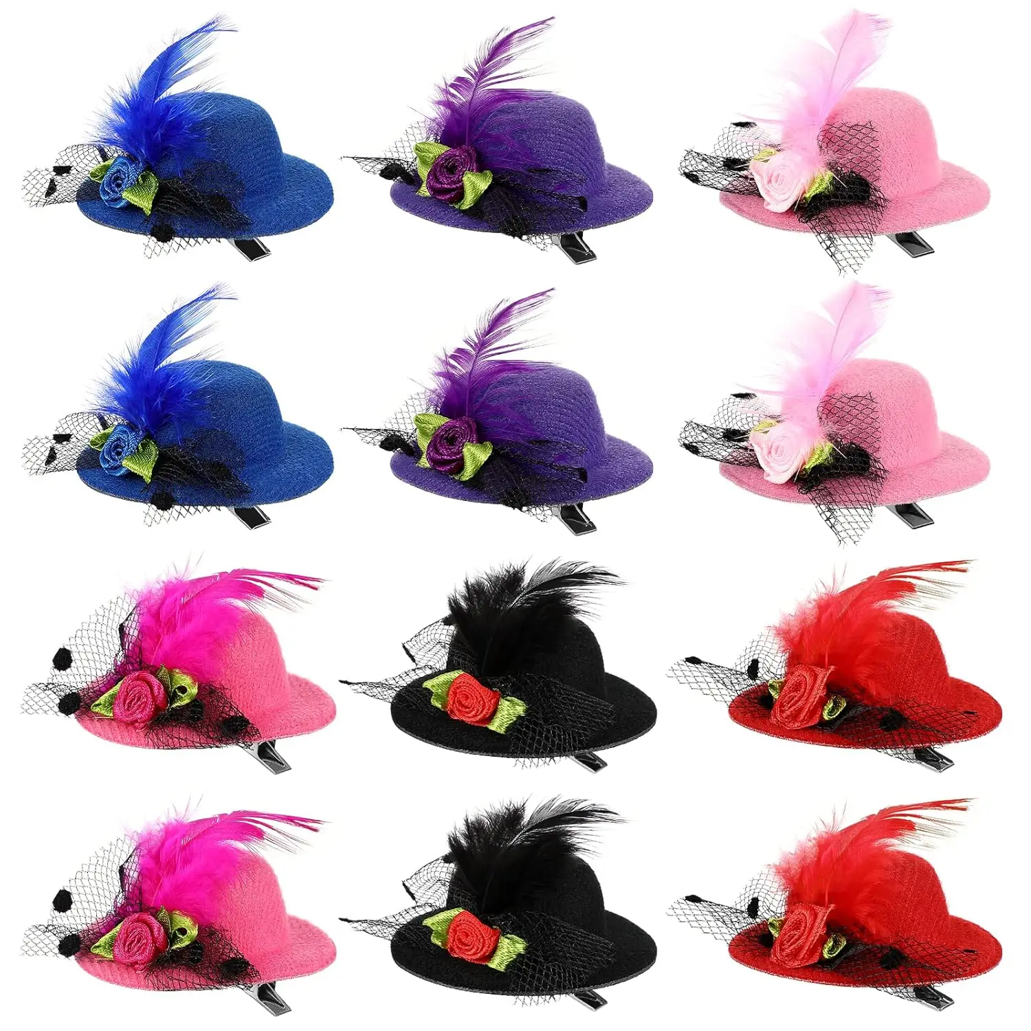 

12Pcs Mini Top Hats Hair Clips for Girls - 1.9in Tiny Fascinator with Flowers for Tea Party Birthday