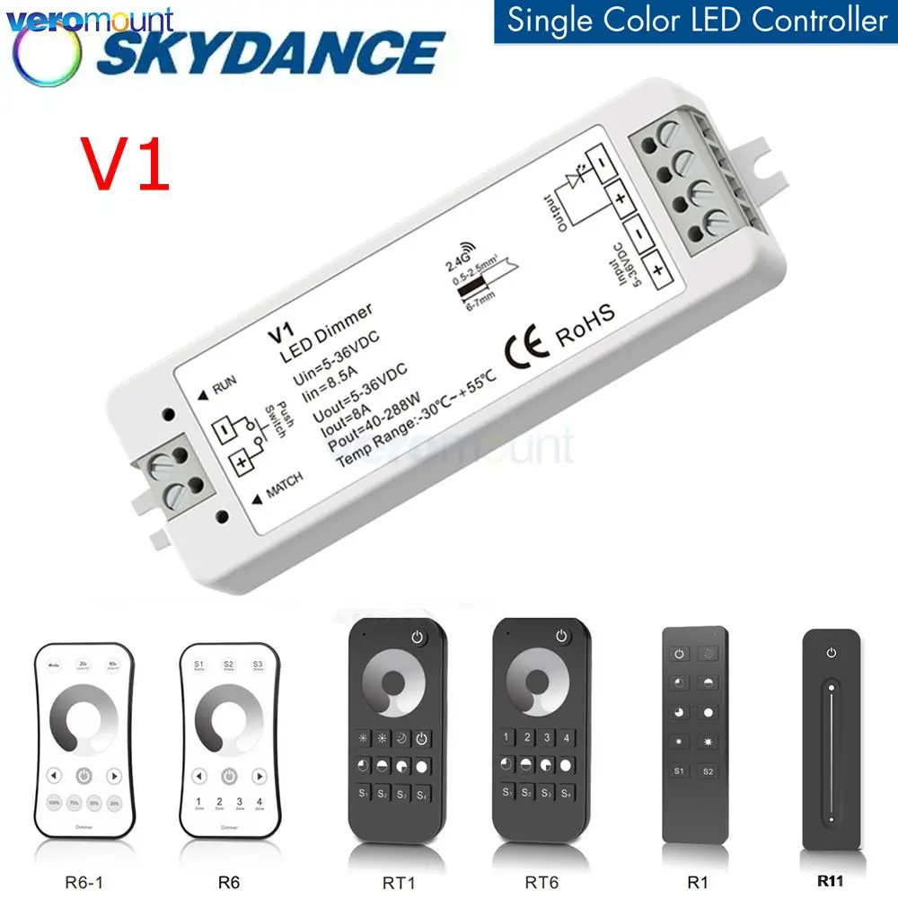 Skydance V1 2.4G Single Color RF Push Dim Dimming LED Controller DC5V 12V 24V 36V 8A Dimmer Receiver for Single Color LED Tape