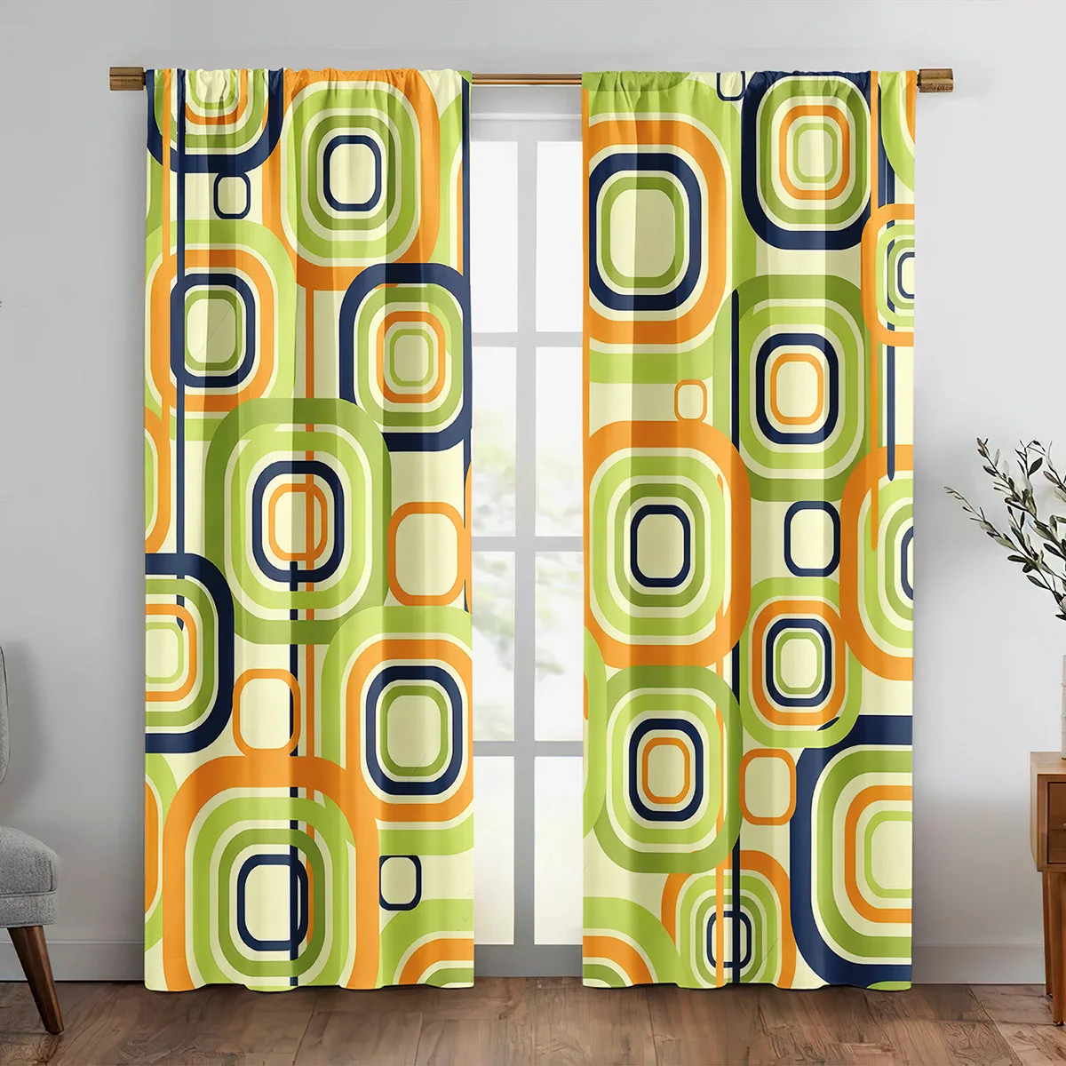 Retro Geometric Curtain, Vintage Green Orange Square Print Drape, Mid Century Modern Window Treatment for Living Room Bedroom