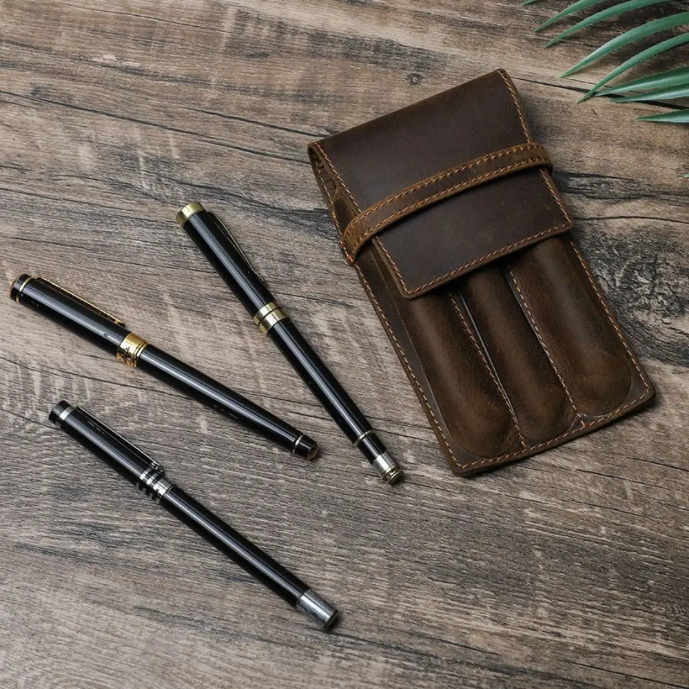 

Portable Large Capacity Pen Pencil Case Handmade Leather Pen Pouch Holder Durable Vintage Desktop Organizer School
