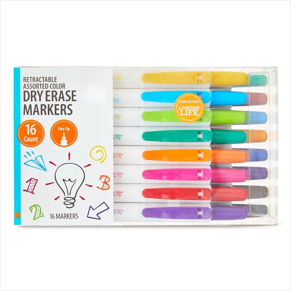 Retractable Dry Erase Markers, Fine Tip, Assorted Colors, Washable Marker, 16 Count, Low Odor