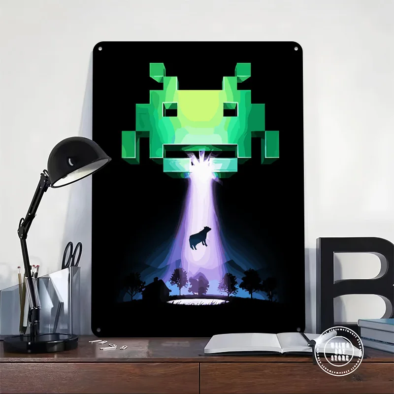 Space Invader Abducts Cow Personalized 3D Textured Metal Poster Wall Art Vintage Tin Signs for Home Decorations Room Ornaments