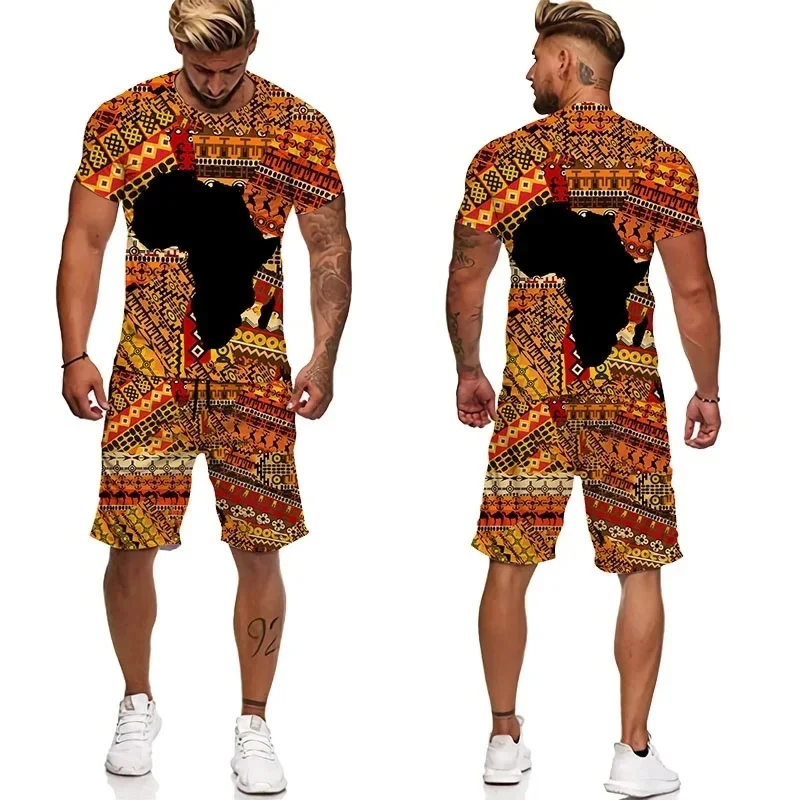 

African 3D Print Men's T-shirts Sets Africa Dashiki Men Tracksuit/Tops/Shorts Sport And Leisure Summer Male Suit