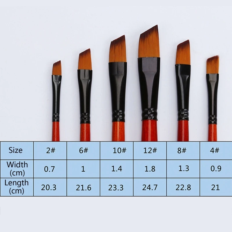 6pc Angled Flat Tipped Art Paintbrush Set Nylon Hair for Beginners Painter Gift