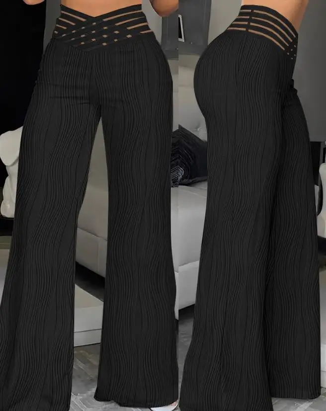 

Women's Pants 2024 Spring Latest Chic Elegant Crisis Cross Sheer Mesh Overlap Waist Textured Flared Pants High Waist Trousers